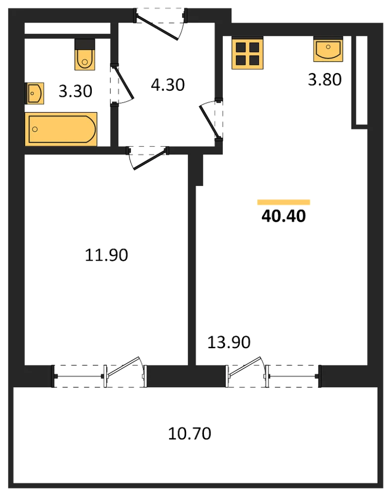 Планировка: 1-комн., 40,3 м²