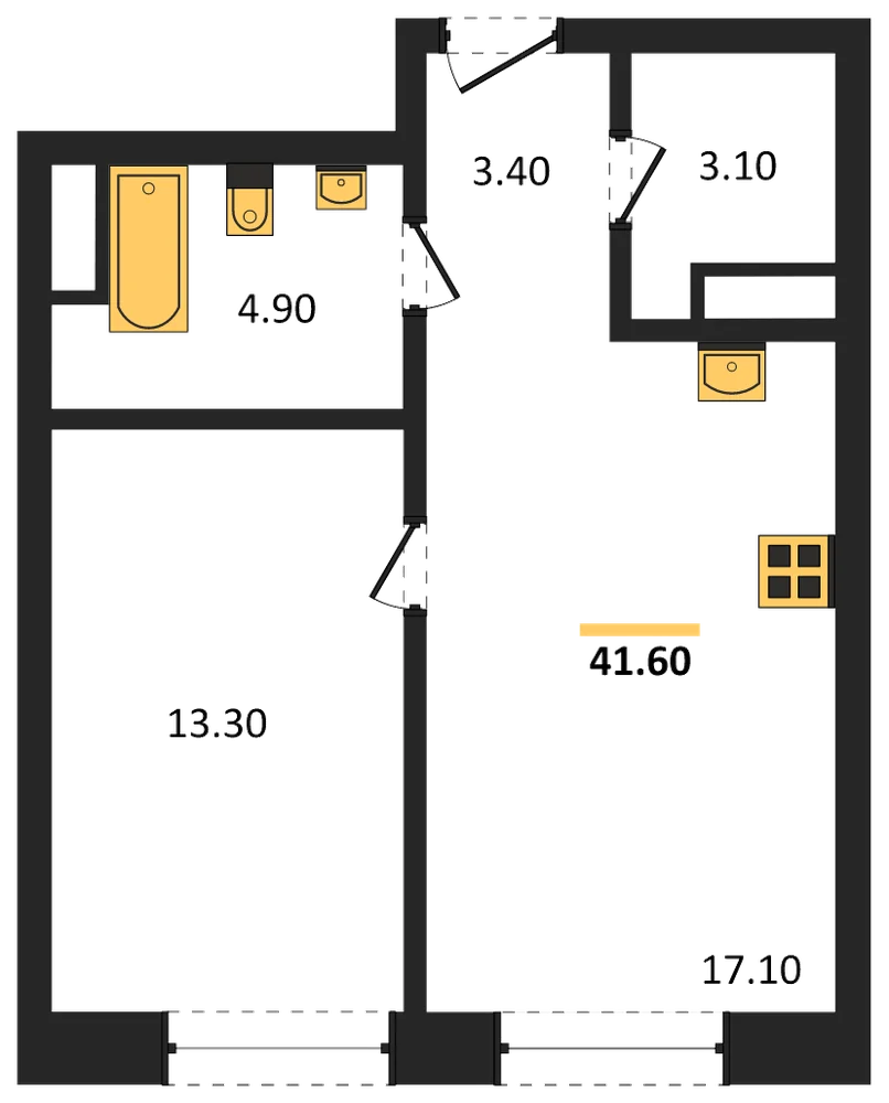 Планировка: 1-комн., 41,8 м²