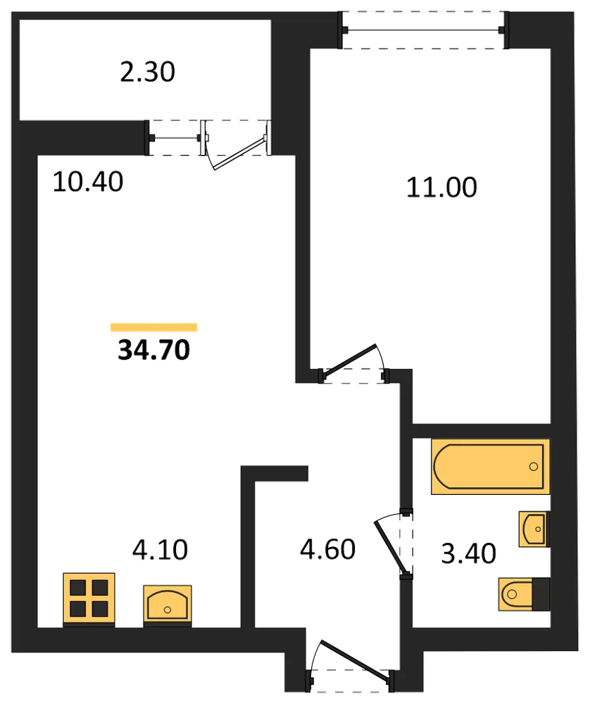 Планировка: 1-комн., 34,7 м²