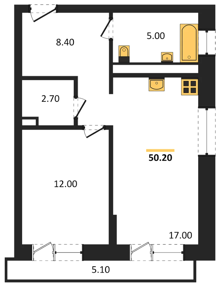 Планировка: 1-комн., 46,6 м²