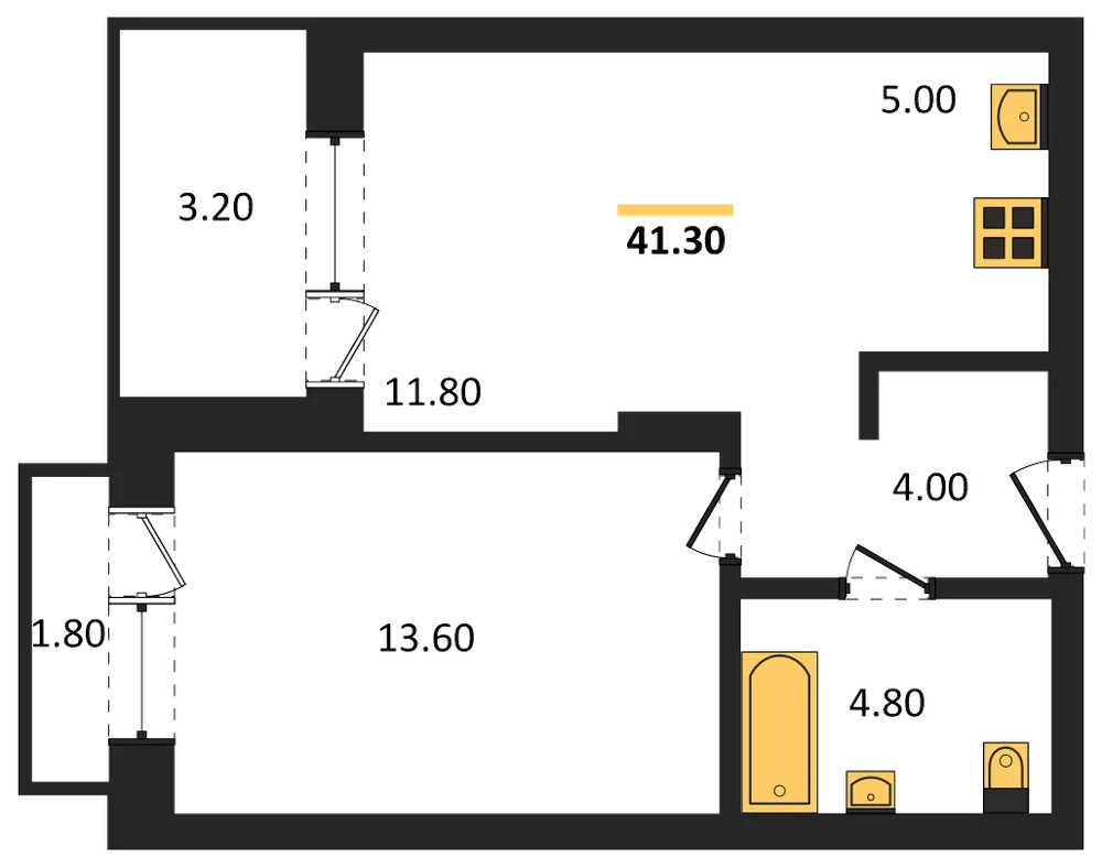 Планировка: 2-комн., 41,3 м²