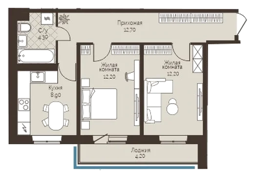 Планировка: 2-комн., 52,4 м²