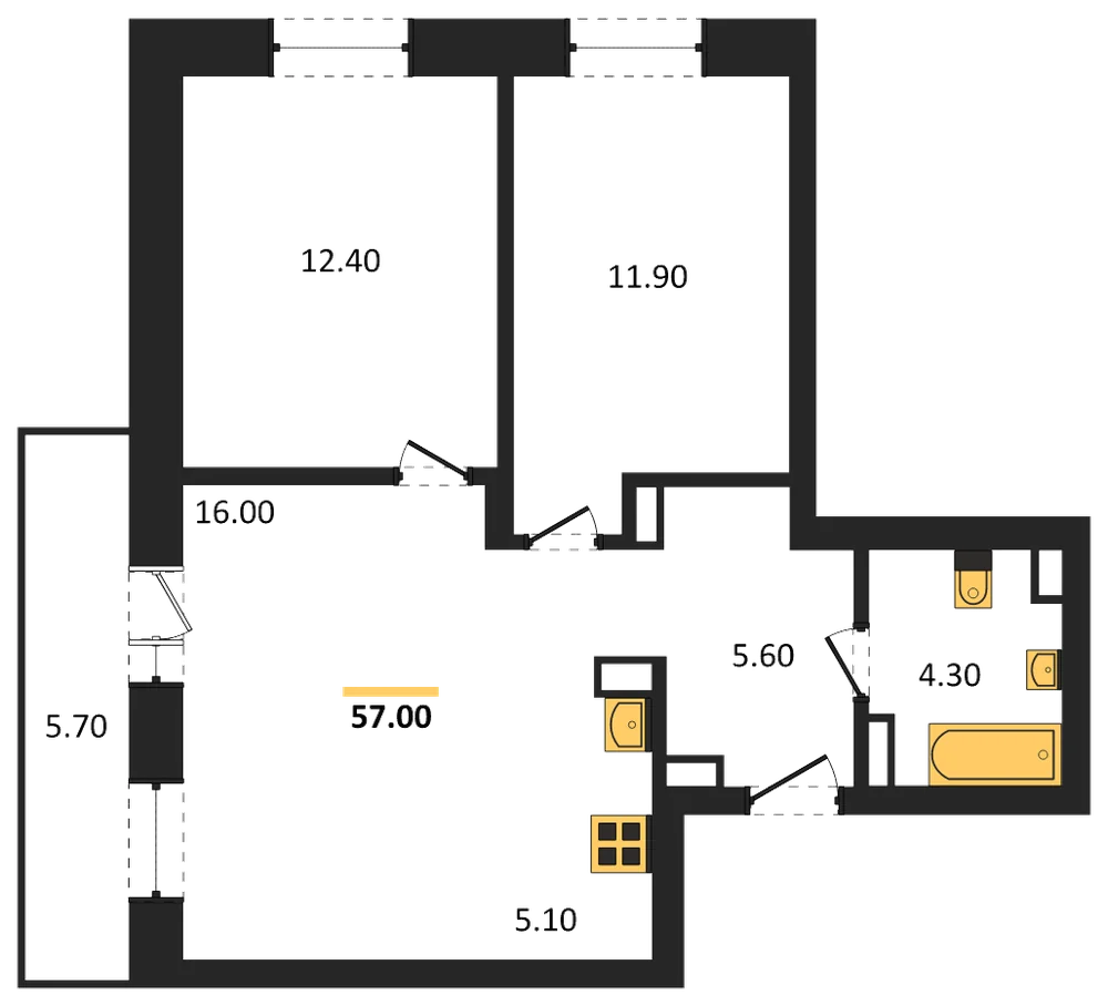 Планировка: 2-комн., 57 м²