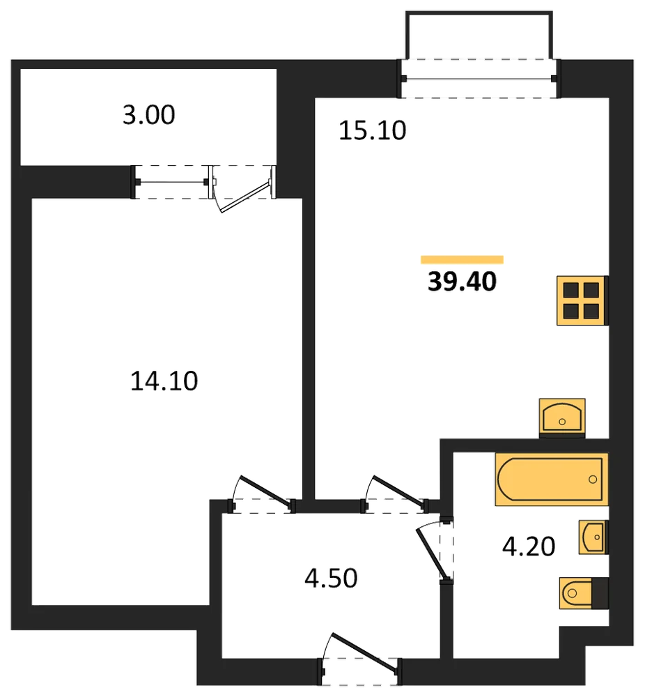 Планировка: 1-комн., 39,4 м²