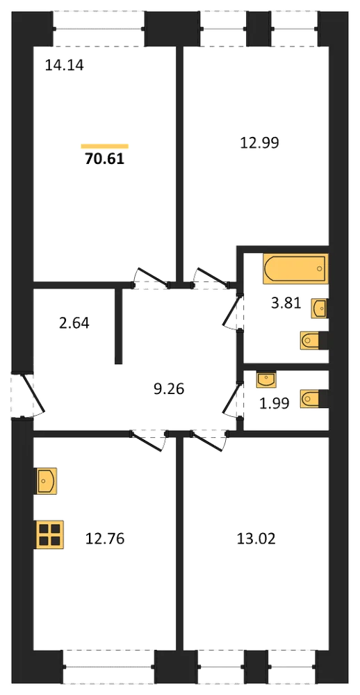Планировка: 3-комн., 70,6 м²