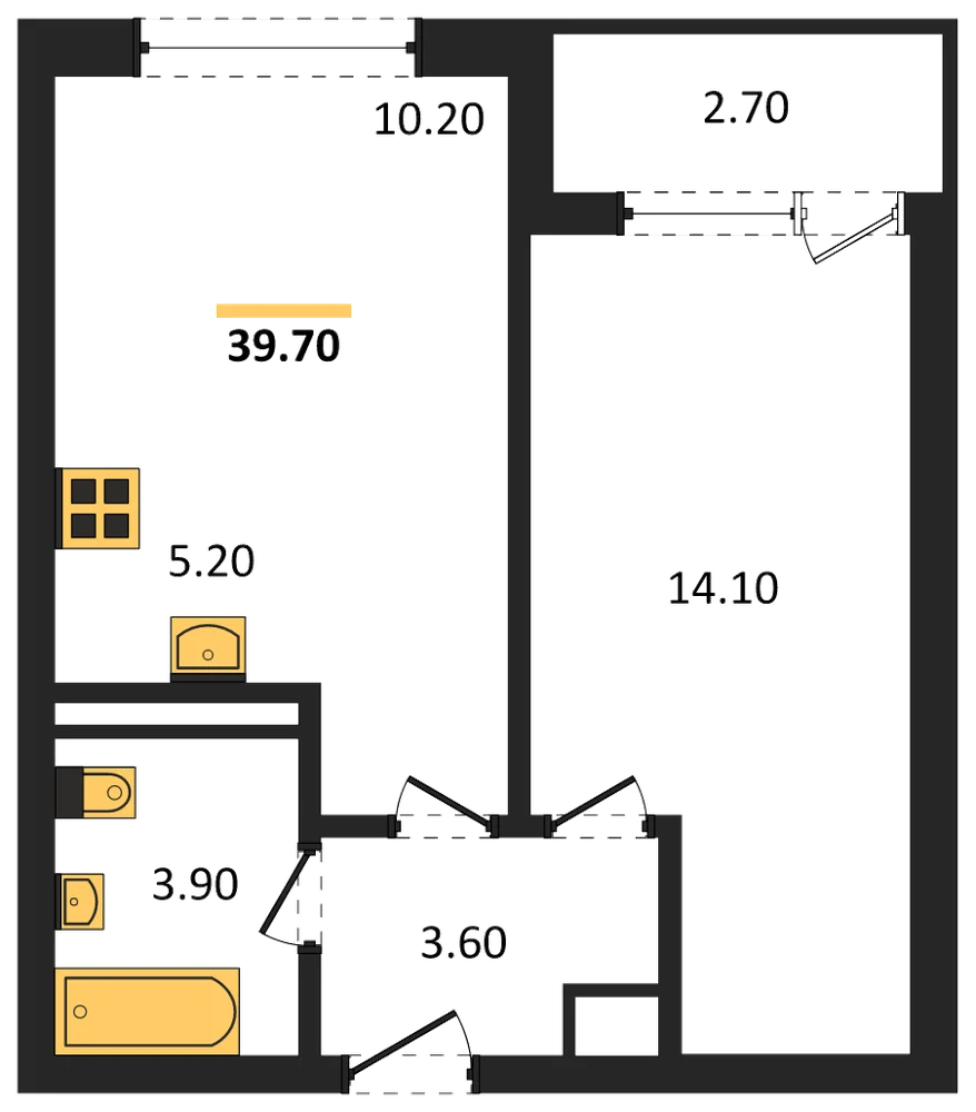 Планировка: 1-комн., 39,7 м²
