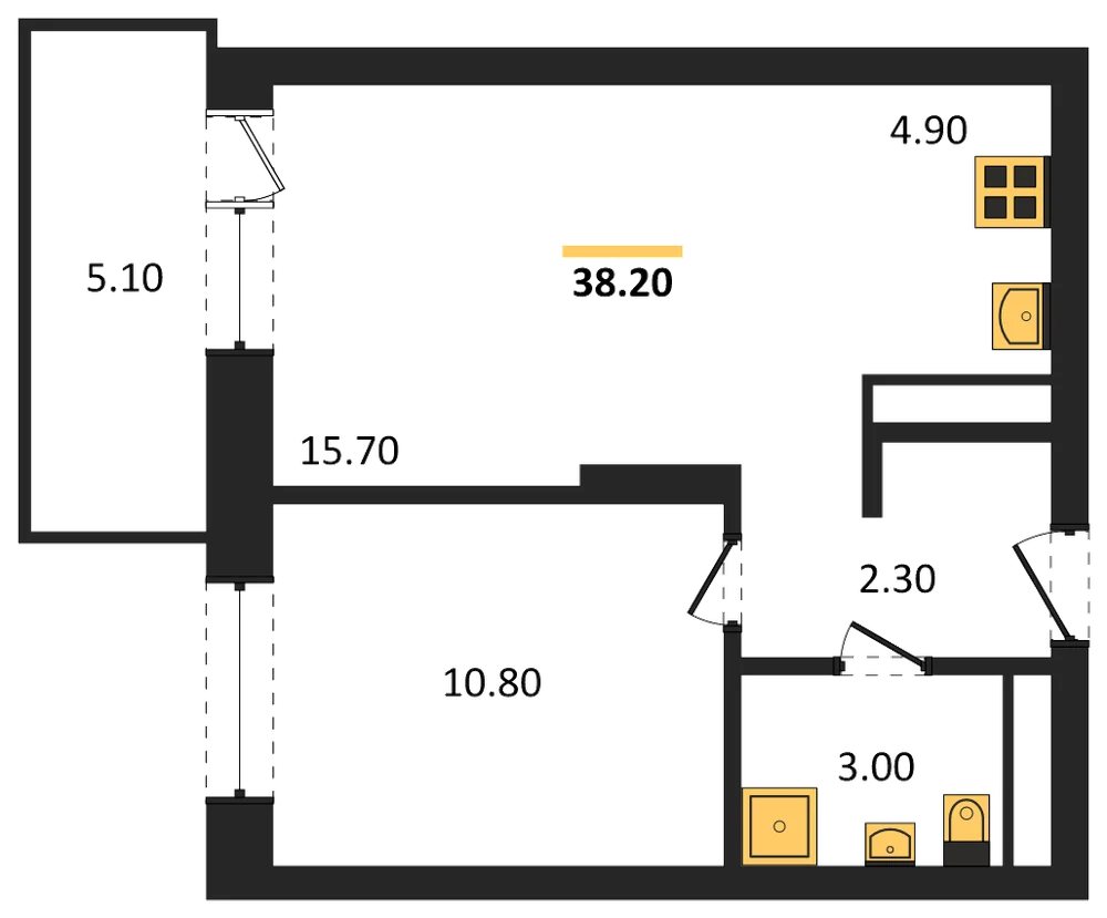 Планировка: 1-комн., 38,2 м²
