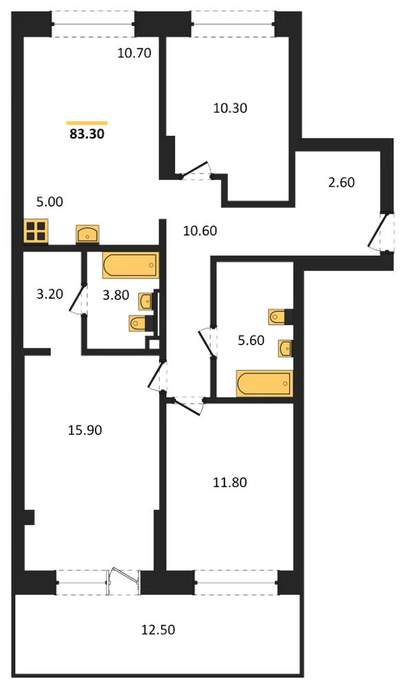 Планировка: 3-комн., 83,3 м²