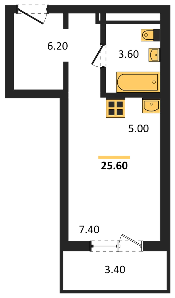 Планировка: Студия, 25,6 м²