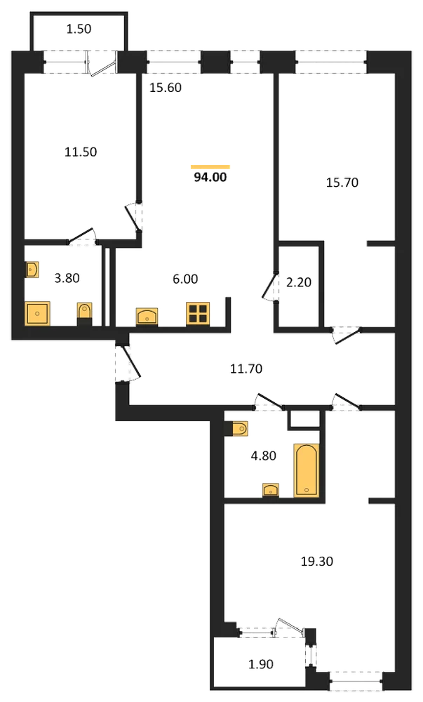 Планировка: 3-комн., 94 м²