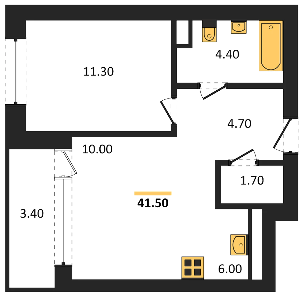 Планировка: 1-комн., 41,5 м²
