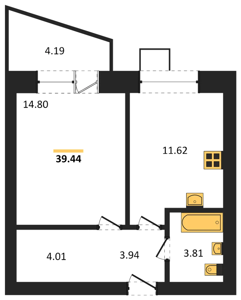 Планировка: 1-комн., 39,4 м²