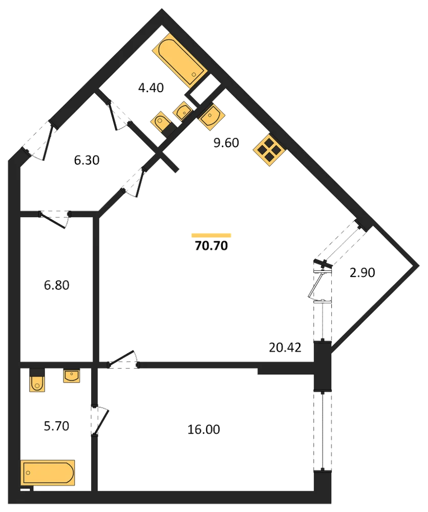 Планировка: 1-комн., 70,7 м²