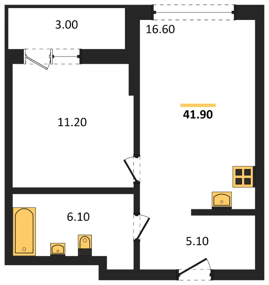 Планировка: 1-комн., 41,9 м²