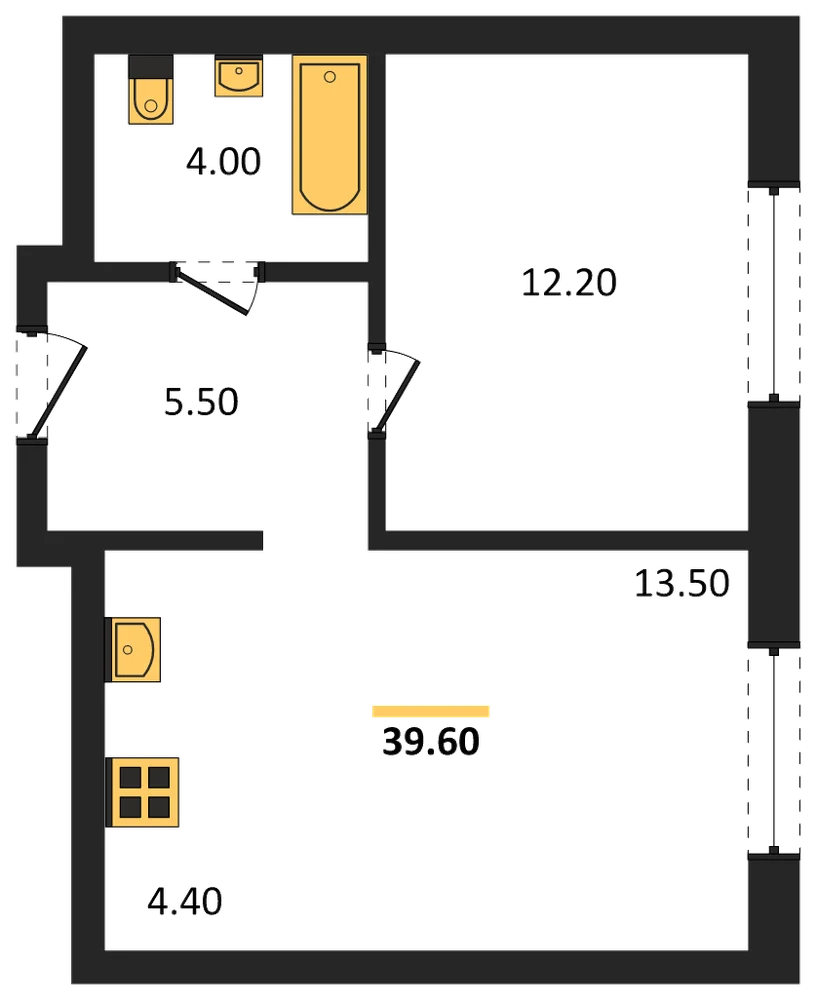 Планировка: 1-комн., 39,6 м²