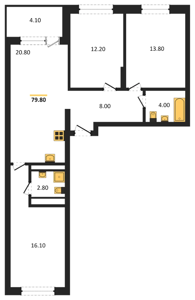 Планировка: 3-комн., 79,8 м²