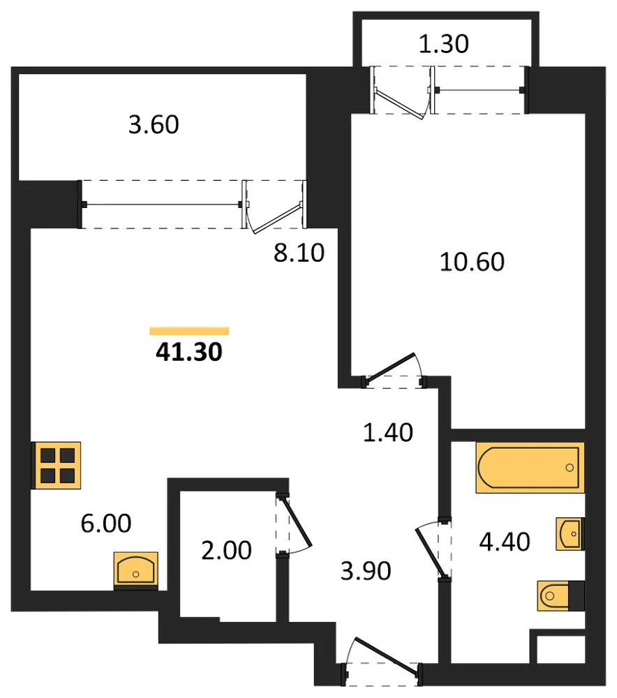 Планировка: 1-комн., 41,3 м²