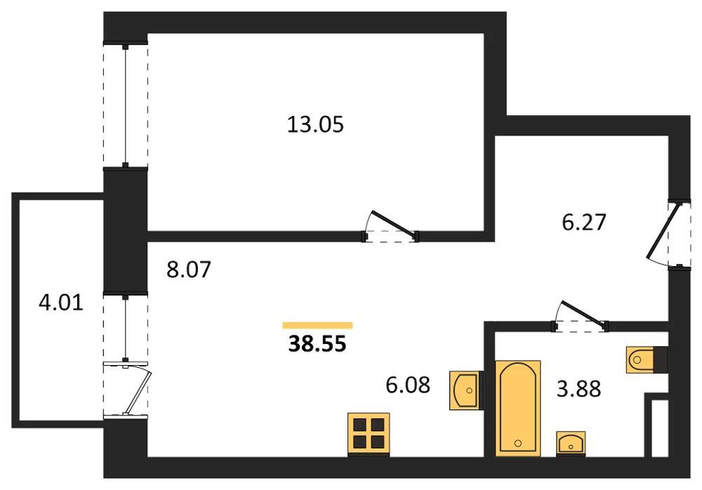Планировка: 1-комн., 38,6 м²
