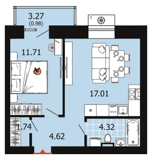 Планировка: 1-комн., 40,4 м²