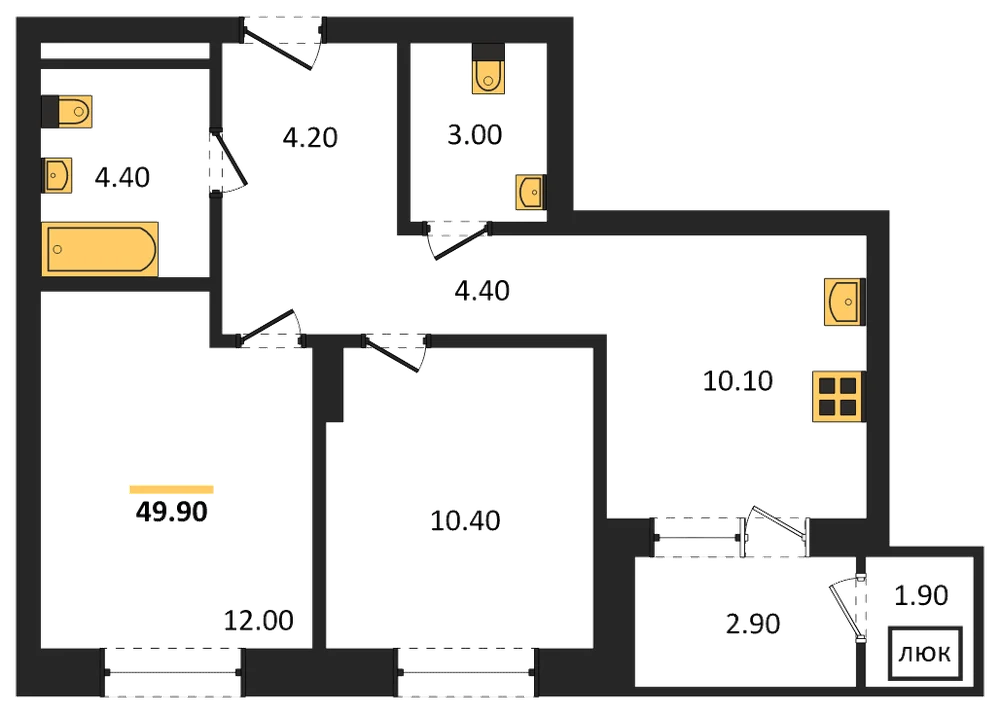 Планировка: 2-комн., 49,9 м²