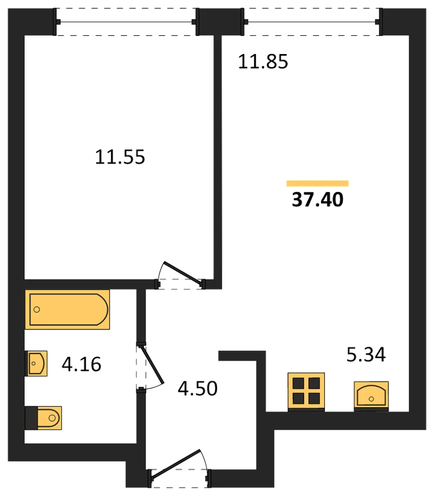 Планировка: 1-комн., 37,4 м²
