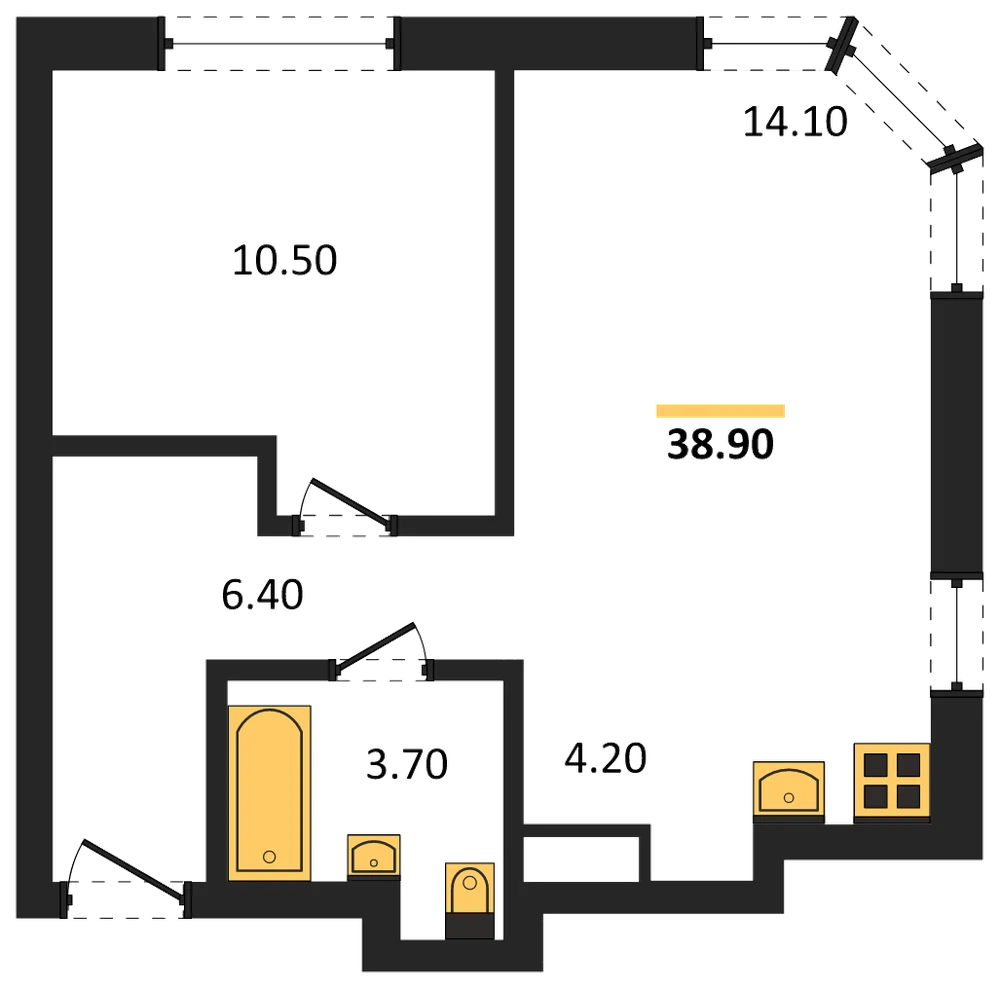 Планировка: 1-комн., 38,9 м²