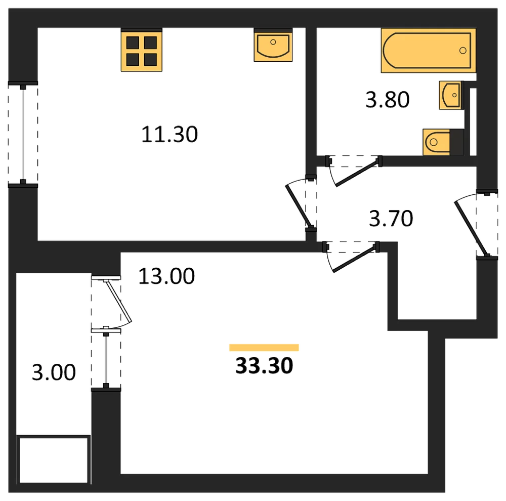 Планировка: 1-комн., 33,3 м²
