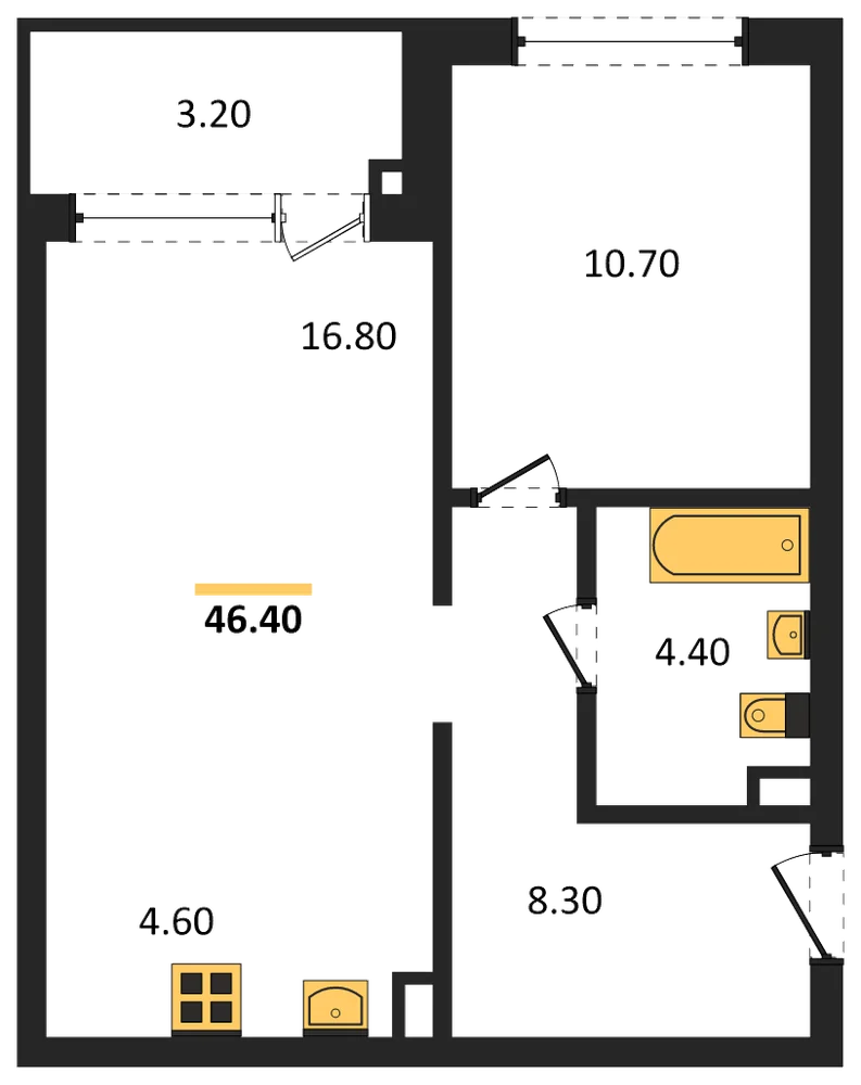 Планировка: 1-комн., 46,4 м²