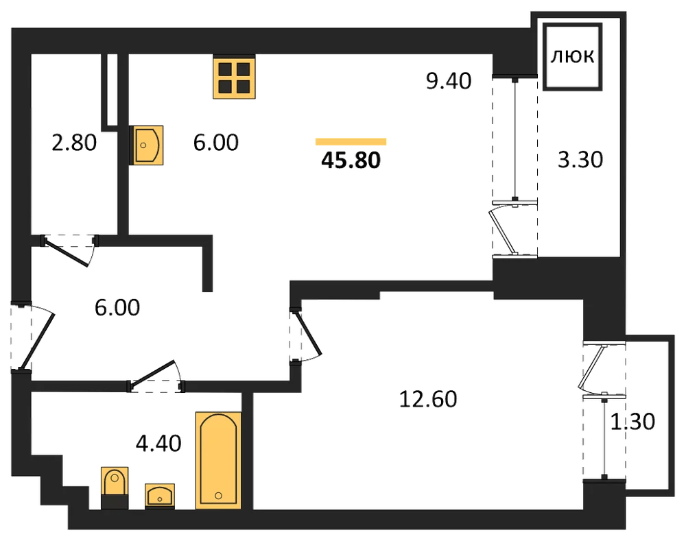 Планировка: 1-комн., 45,8 м²