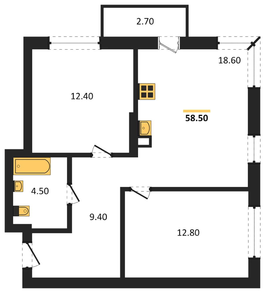 Планировка: 2-комн., 58,5 м²