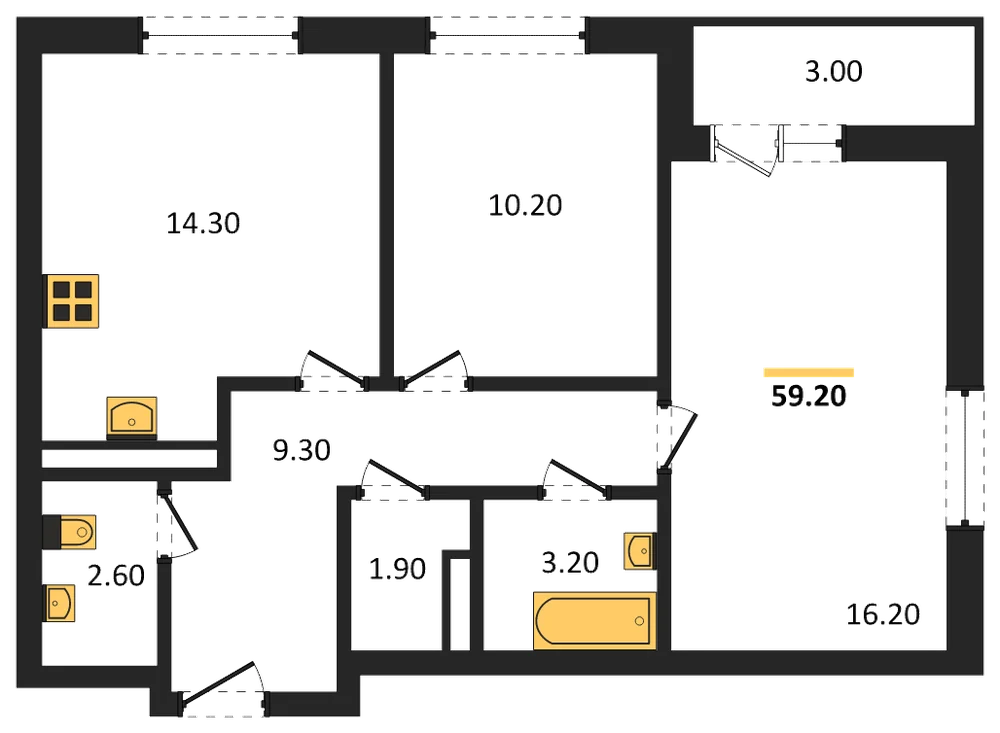 Планировка: 2-комн., 59,2 м²