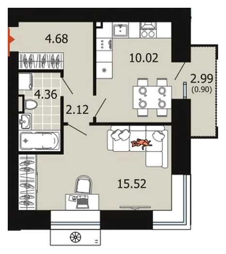 Планировка: 1-комн., 37,6 м²