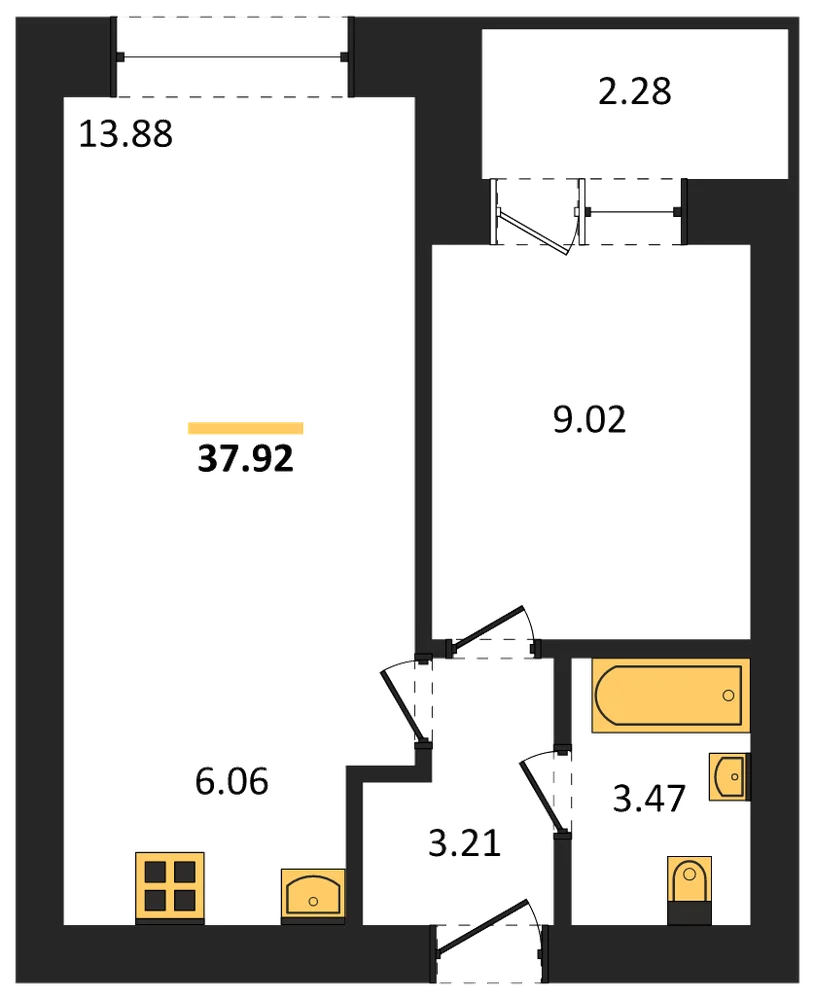 Планировка: 1-комн., 37,9 м²