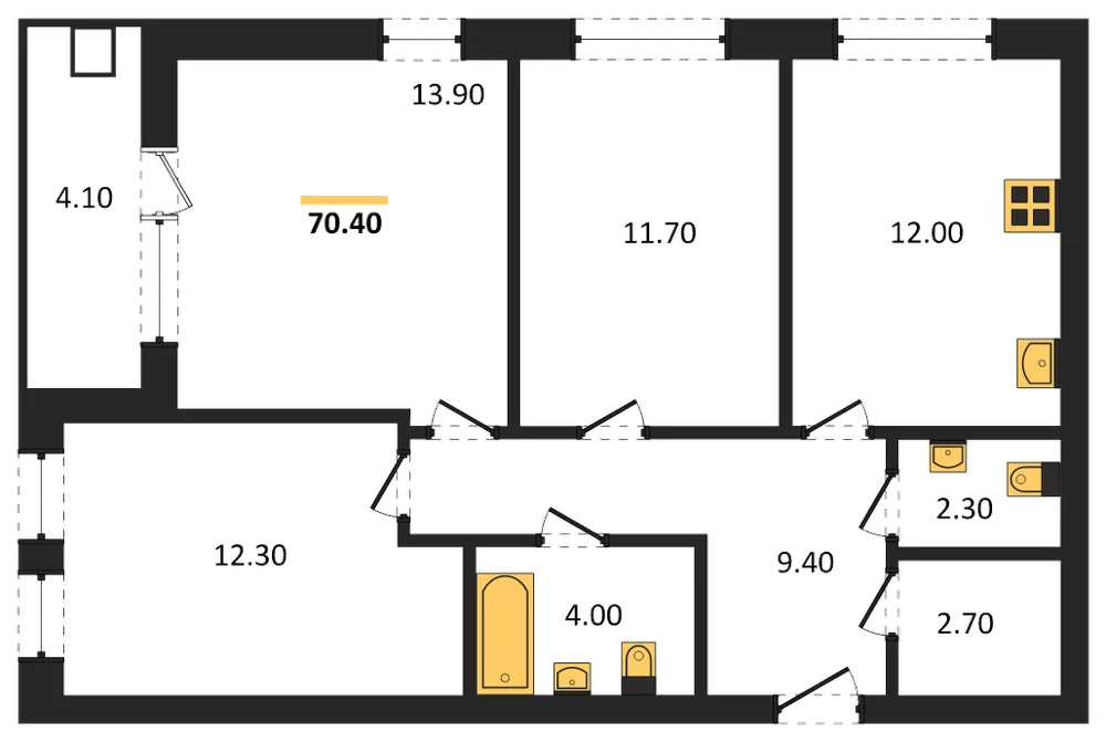 Планировка: 3-комн., 70,4 м²