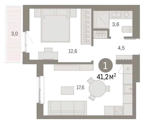 Планировка: 1-комн., 41,2 м²