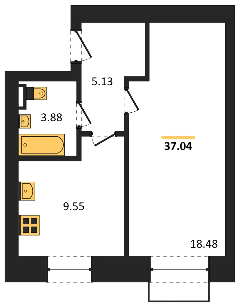 Планировка: 1-комн., 37 м²