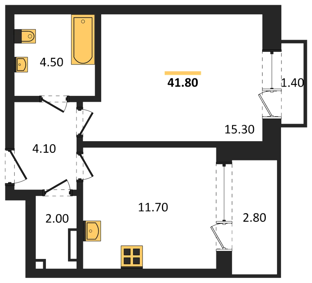 Планировка: 1-комн., 41,8 м²
