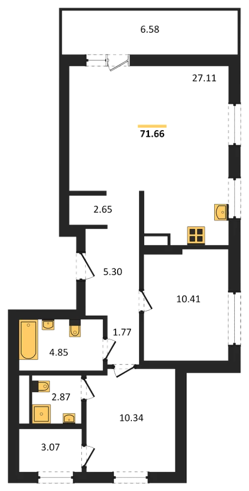 Планировка: 2-комн., 71,6 м²