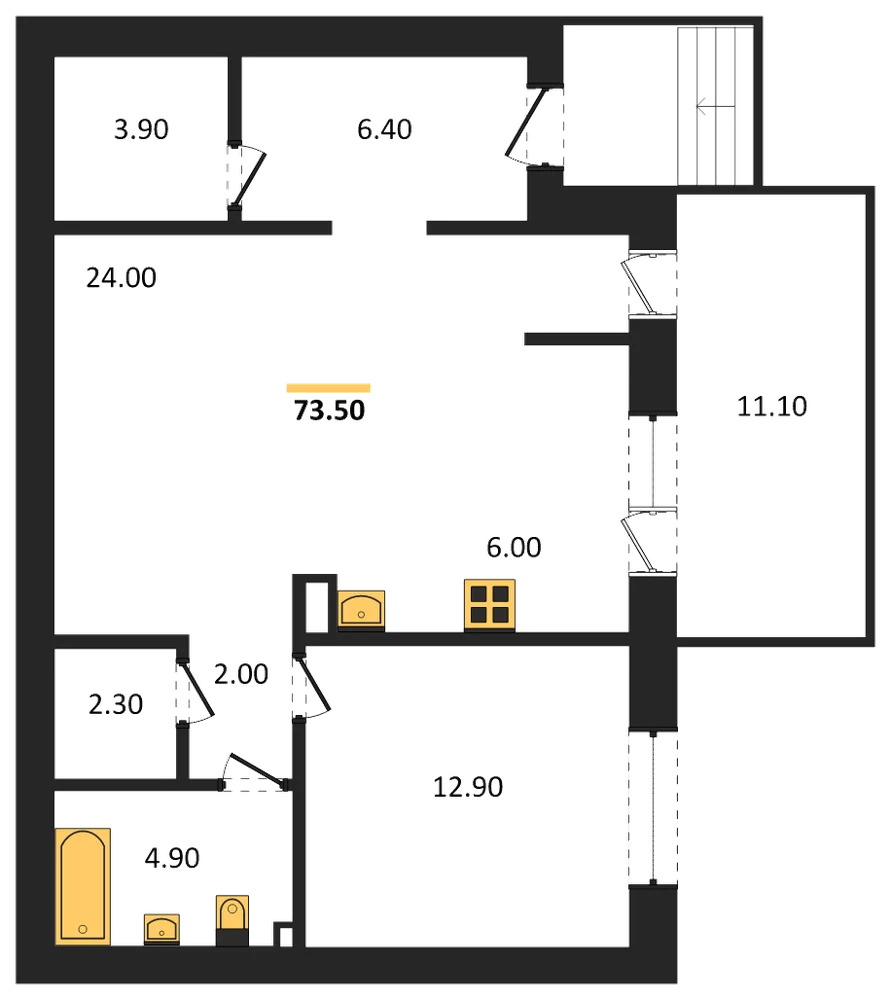 Планировка: 1-комн., 73,5 м²