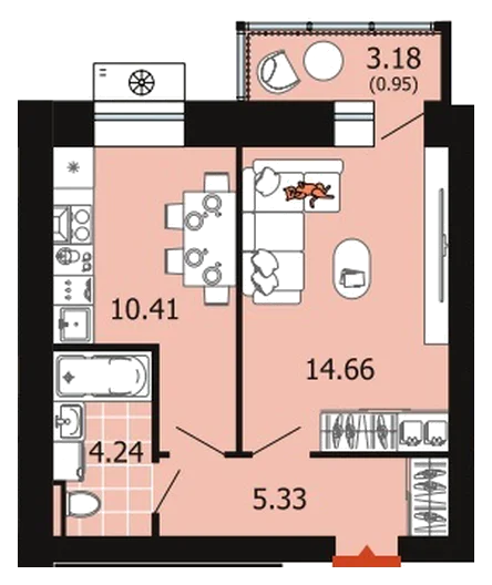 Планировка: 1-комн., 35,6 м²