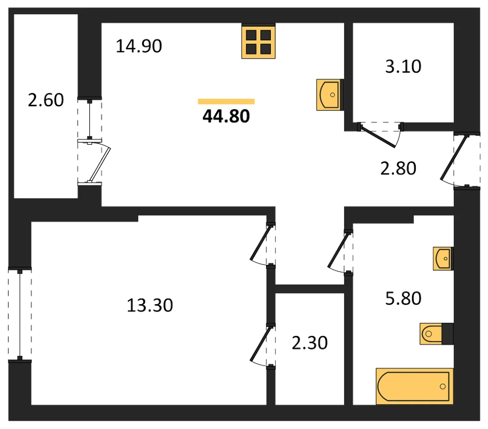Планировка: 1-комн., 44,8 м²
