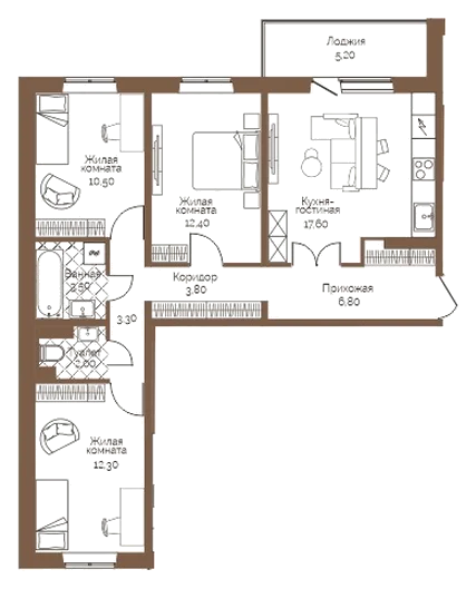 Планировка: 3-комн., 74,8 м²