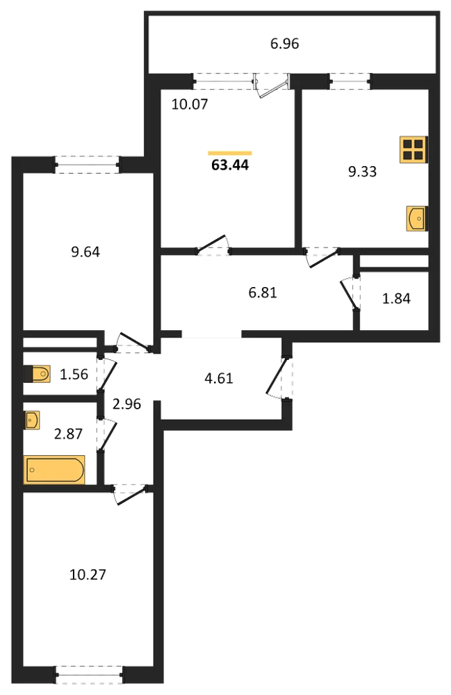 Планировка: 3-комн., 63,4 м²