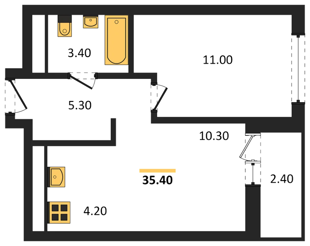 Планировка: 1-комн., 35,4 м²