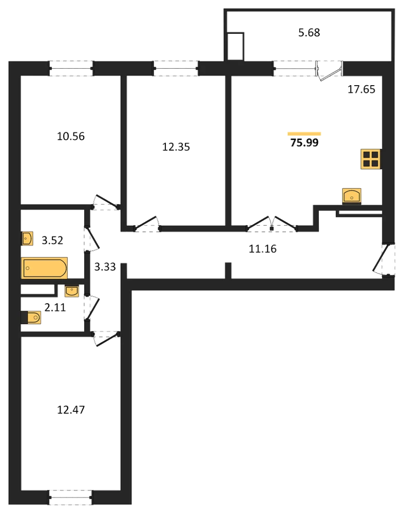 Планировка: 3-комн., 76 м²