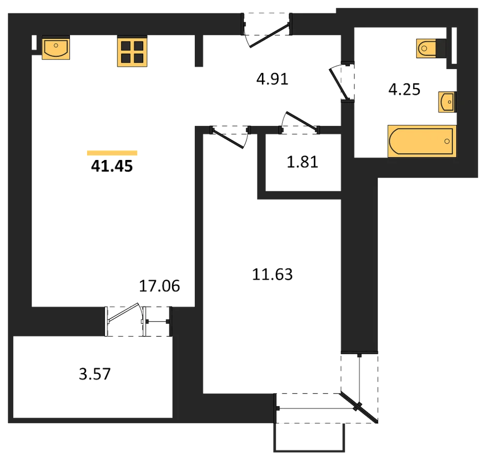 Планировка: 1-комн., 41,5 м²