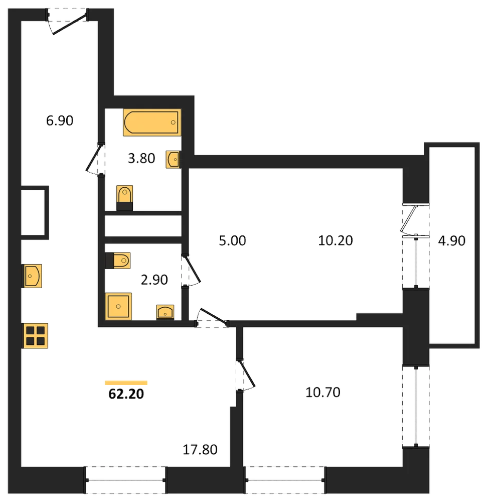 Планировка: 2-комн., 58,8 м²