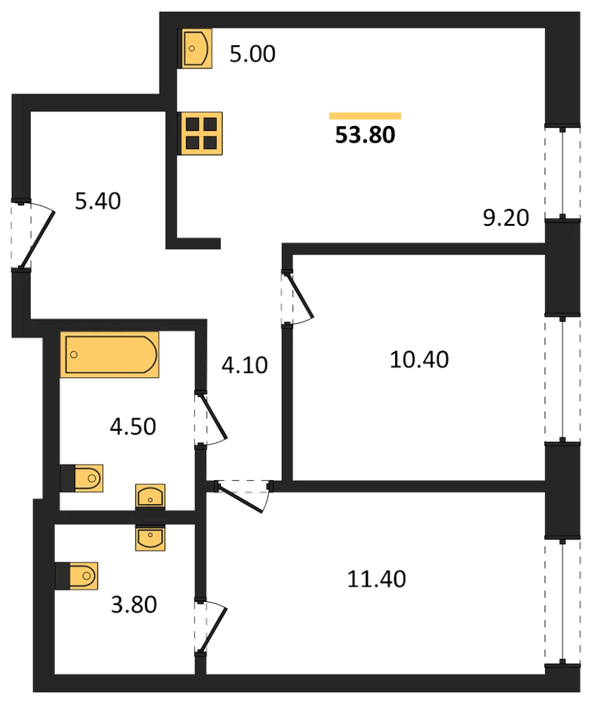 Планировка: 2-комн., 53,8 м²