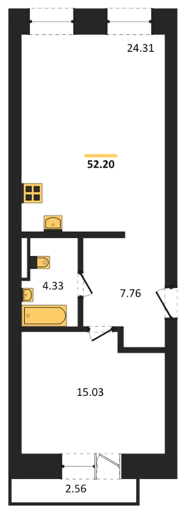 Планировка: 1-комн., 52,2 м²