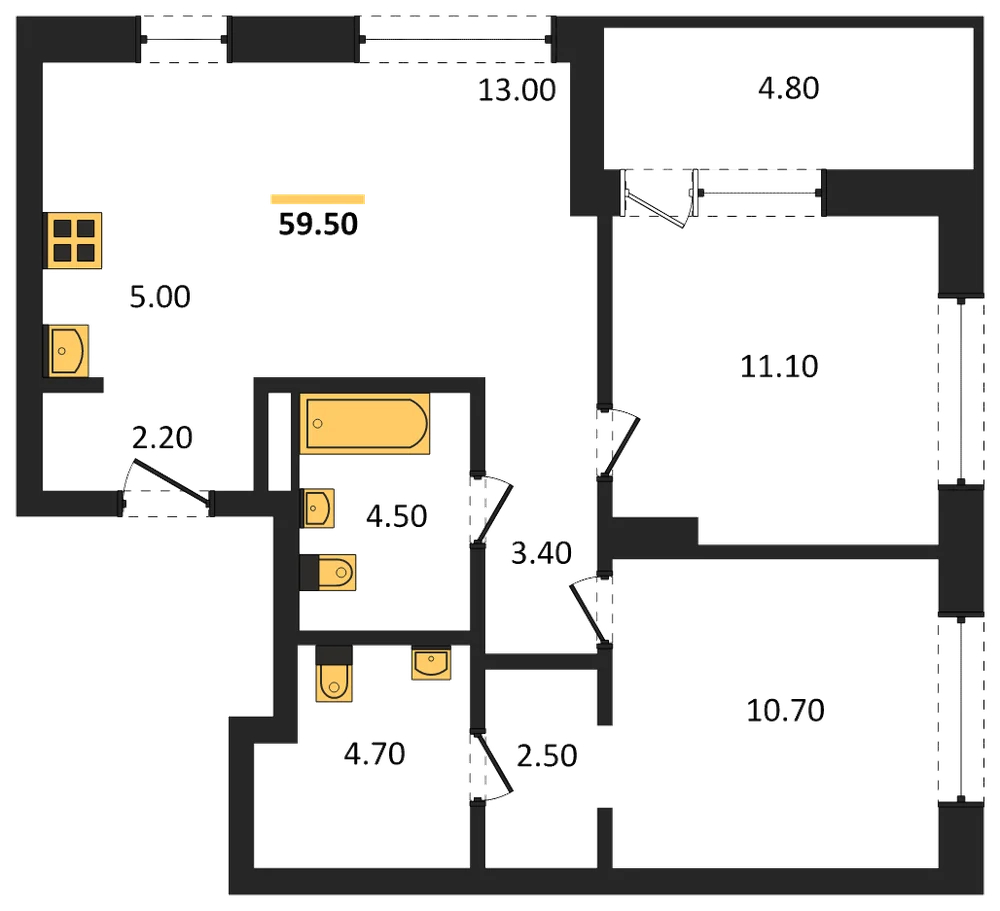 Планировка: 2-комн., 59,5 м²